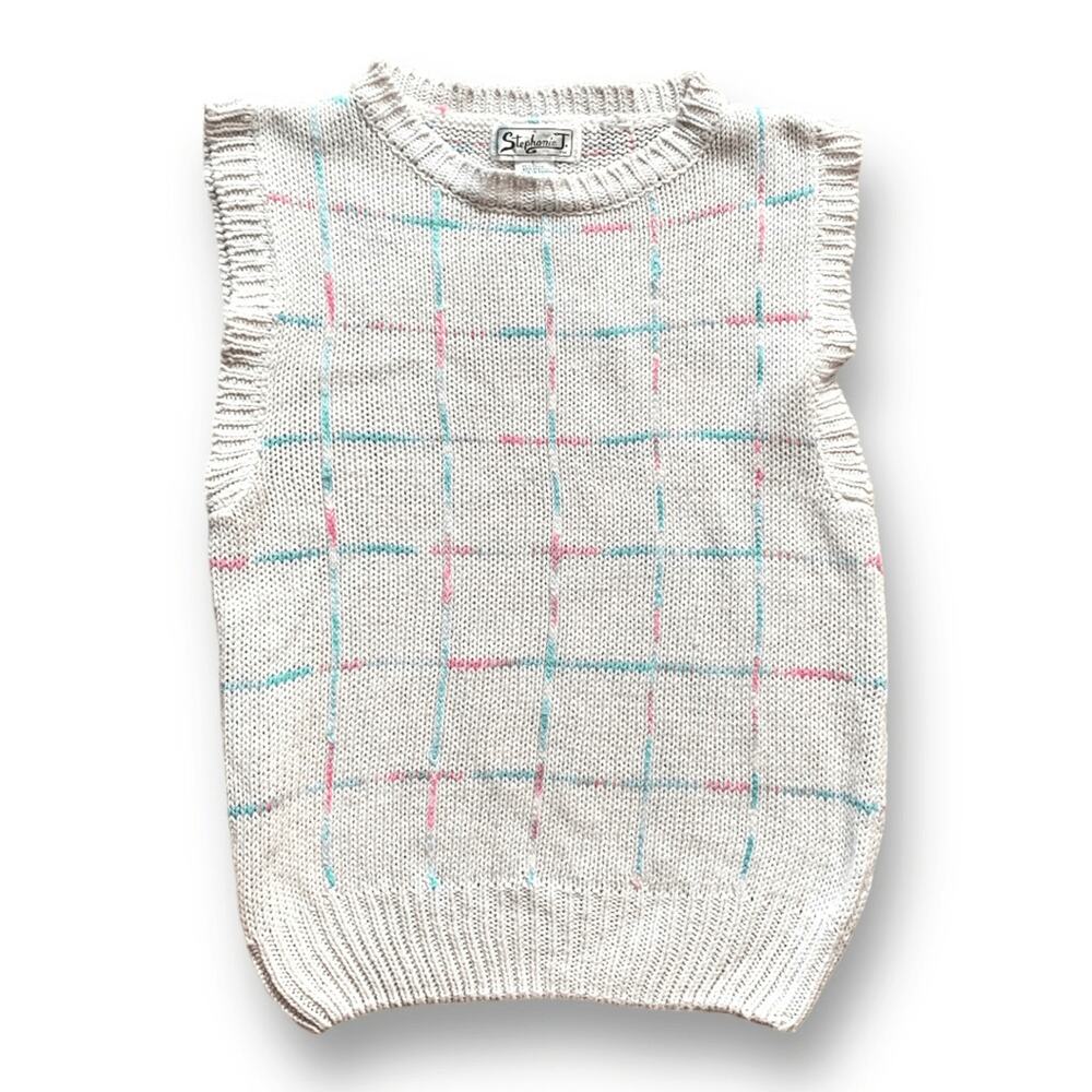 Vintage Pastel Plaid Sweater Vest White Sleeveless Cottagecore Preppy Knit Top